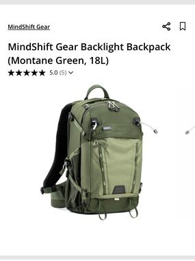 New Without Tags MindShift Gear Camera Bag Backlight Backpack Montane Green 18L